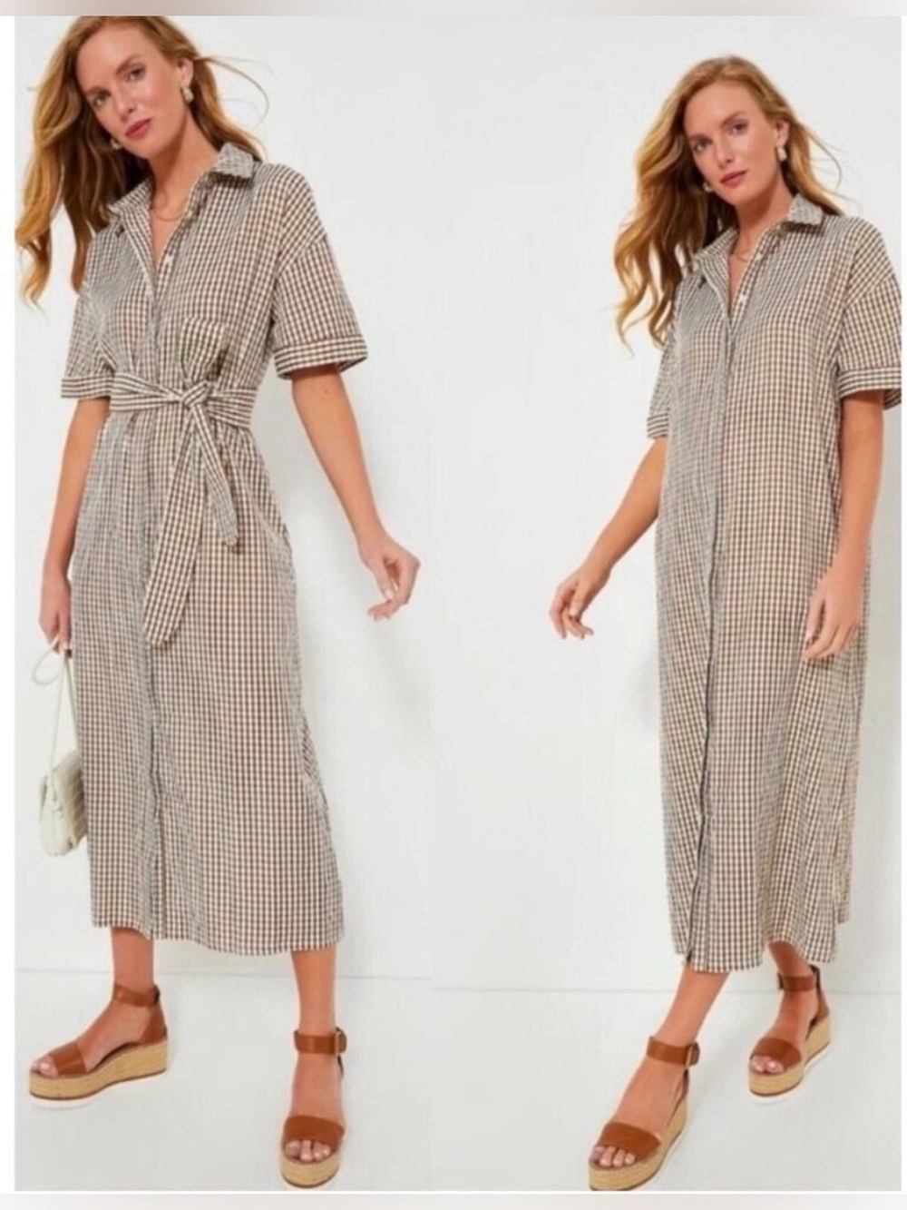Pomander Place Gingham Seersucker Tie-Waist Shirt Dress Small